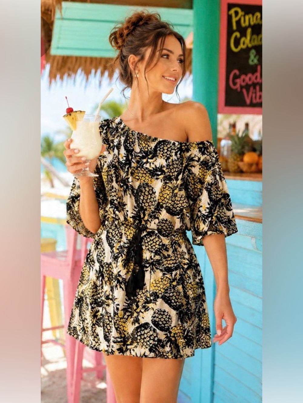 NWT BLUE ISLAND Pineapples Galore Off-Shoulder Mini Dress Beach Coverup M
